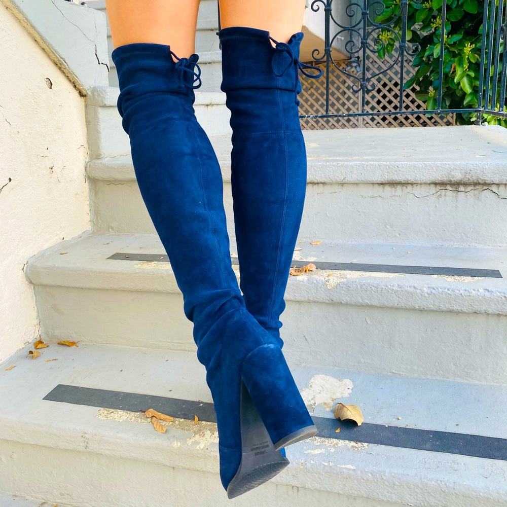 7.5 M Stuart Weitzman, blue suede, thigh high strutters